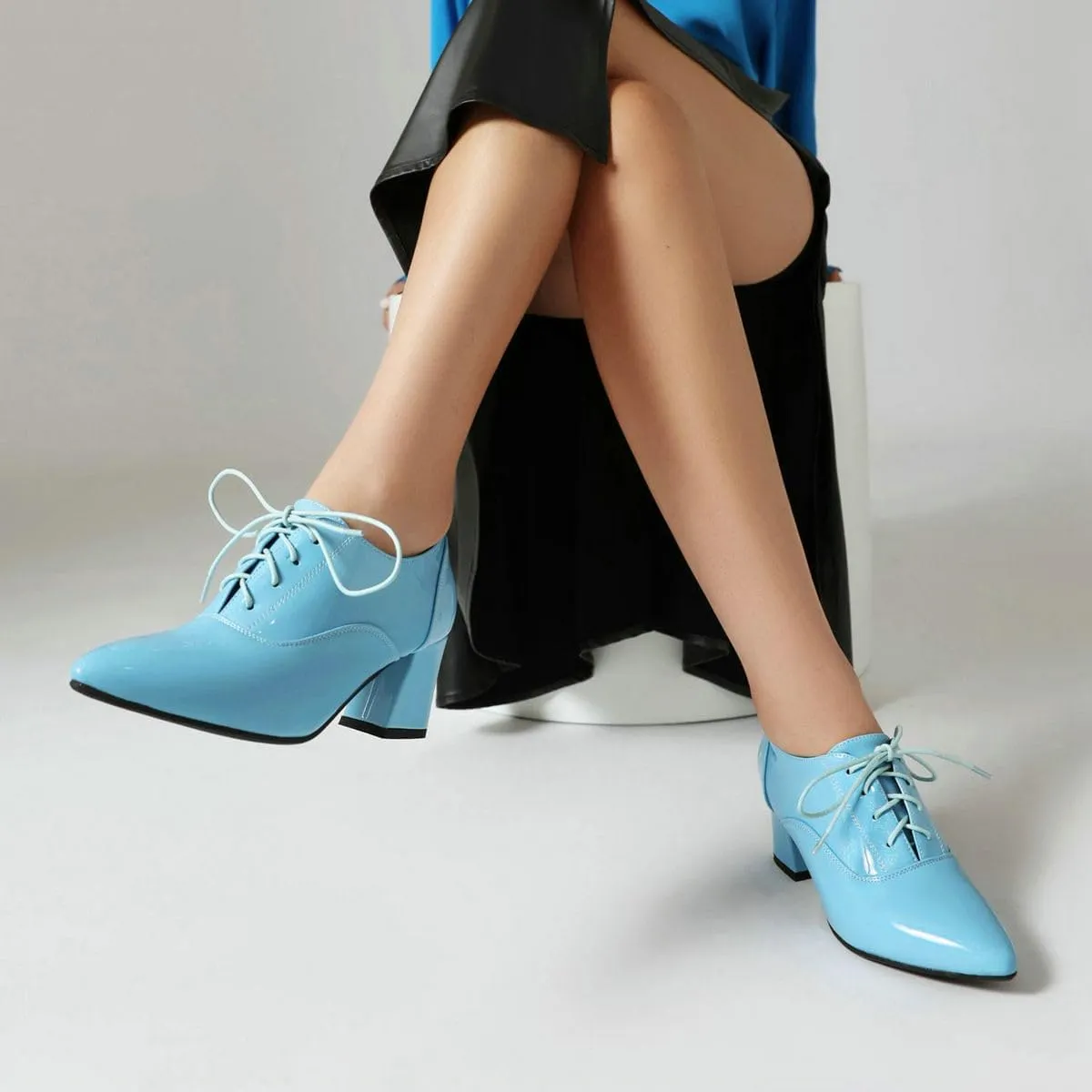 DINTAHA Patent Leather Heeled Oxfords Pointed Toe Oxford Heels Dress Shoes