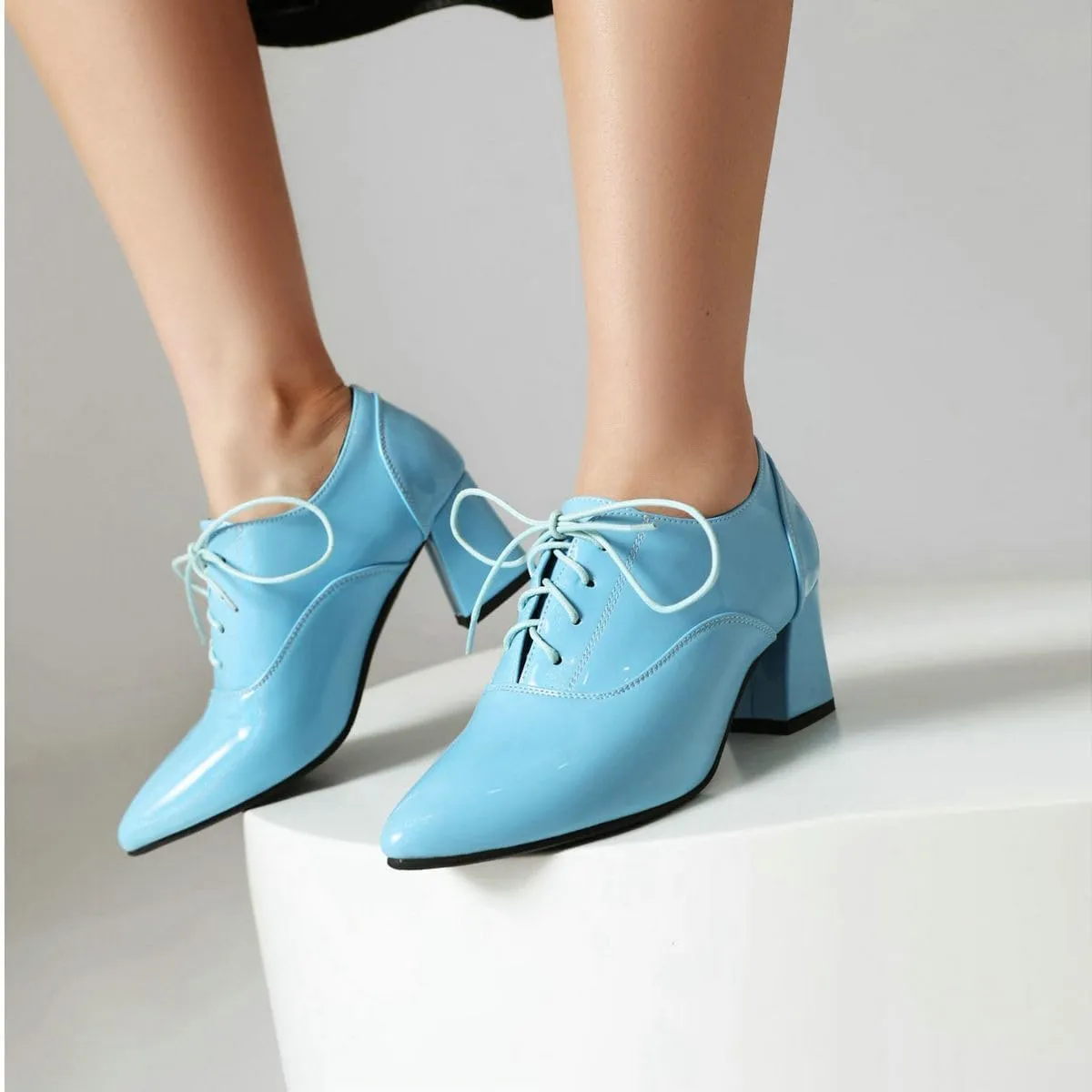 DINTAHA Patent Leather Heeled Oxfords Pointed Toe Oxford Heels Dress Shoes