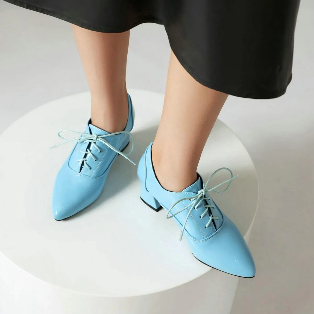 DINTAHA Patent Leather Heeled Oxfords Pointed Toe Oxford Heels Dress Shoes