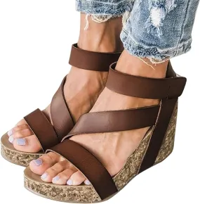 Eduavar Sandalias para Mujer, Women Sandals Dressy Leather Wedge Platform Sandals Open Toe Sandals Shoes
