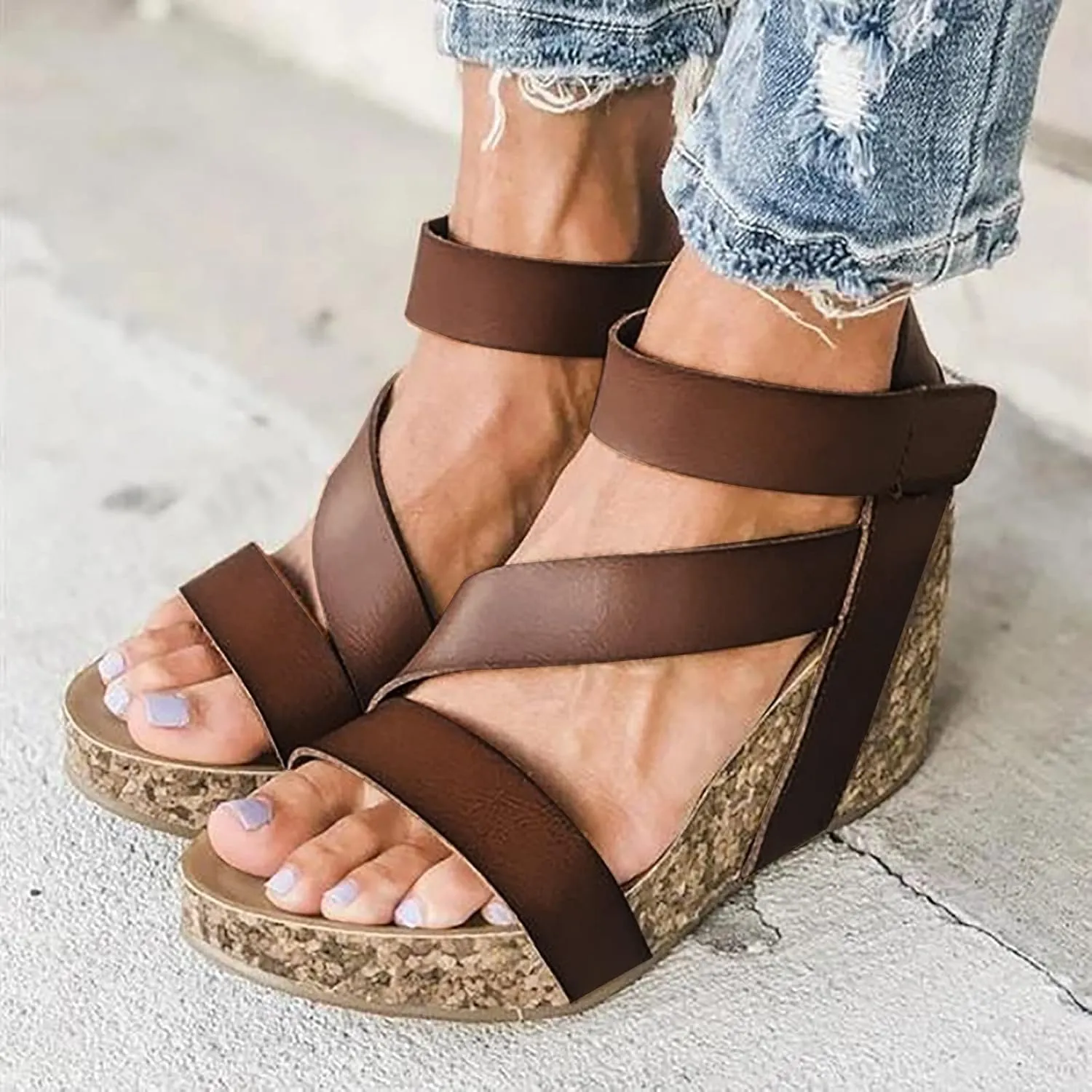 Eduavar Sandalias para Mujer, Women Sandals Dressy Leather Wedge Platform Sandals Open Toe Sandals Shoes