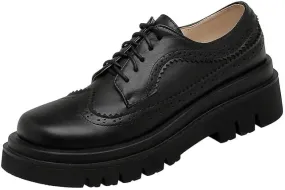 Elbslutt Oxford Shoes for Women Platform Oxfords for Women Chunky Heel Lace-Up Vintage Wingtips Round Toe Patent Leather Brogues Casual Oxfords Loafers for Girls Ladies Women