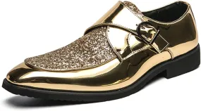 Formal Shoes for Men Slip On Monk Strap Apron Toe Shiny Shoes PU Leather Anti-Slip Rubber Sole Non Slip Block Heel Walking