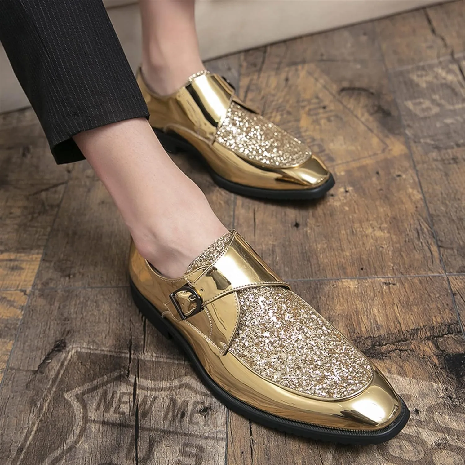 Formal Shoes for Men Slip On Monk Strap Apron Toe Shiny Shoes PU Leather Anti-Slip Rubber Sole Non Slip Block Heel Walking