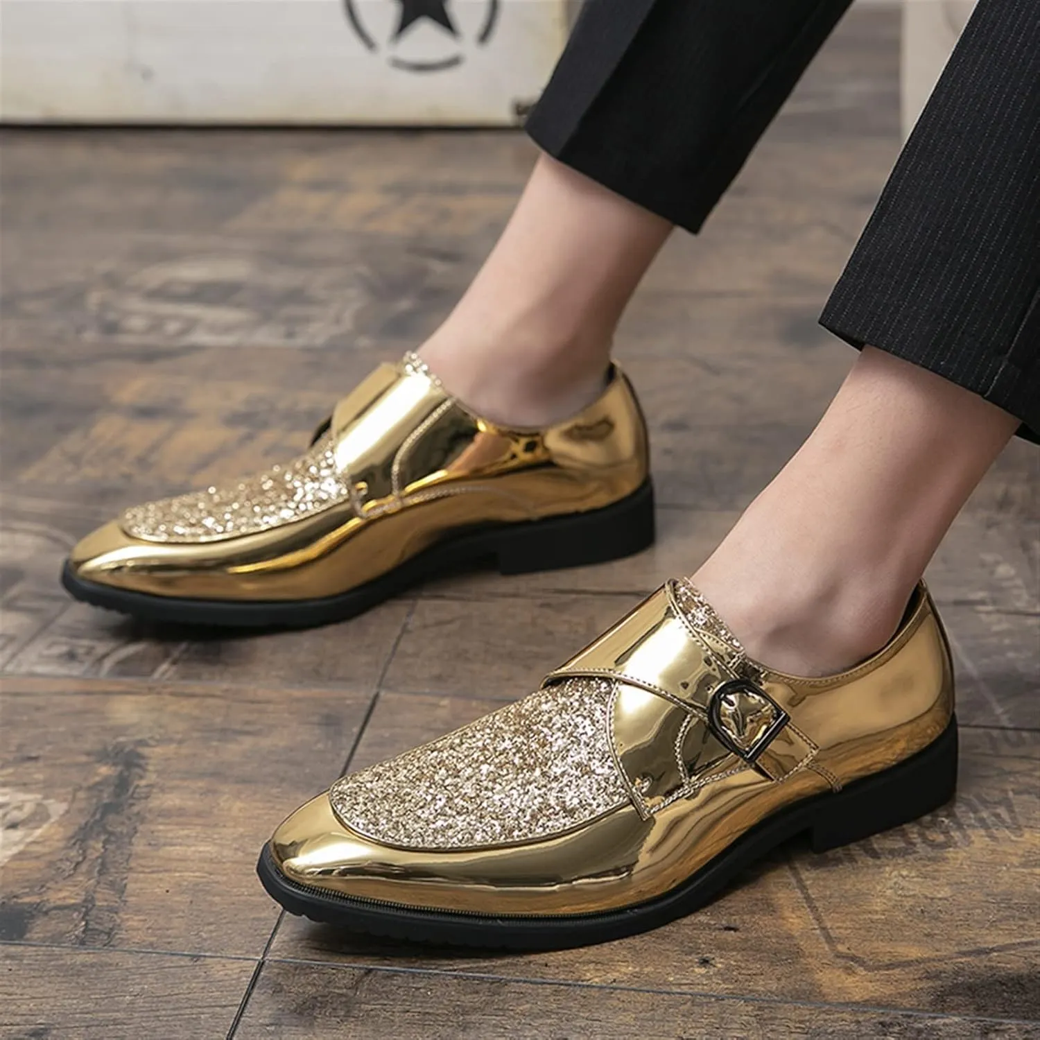 Formal Shoes for Men Slip On Monk Strap Apron Toe Shiny Shoes PU Leather Anti-Slip Rubber Sole Non Slip Block Heel Walking