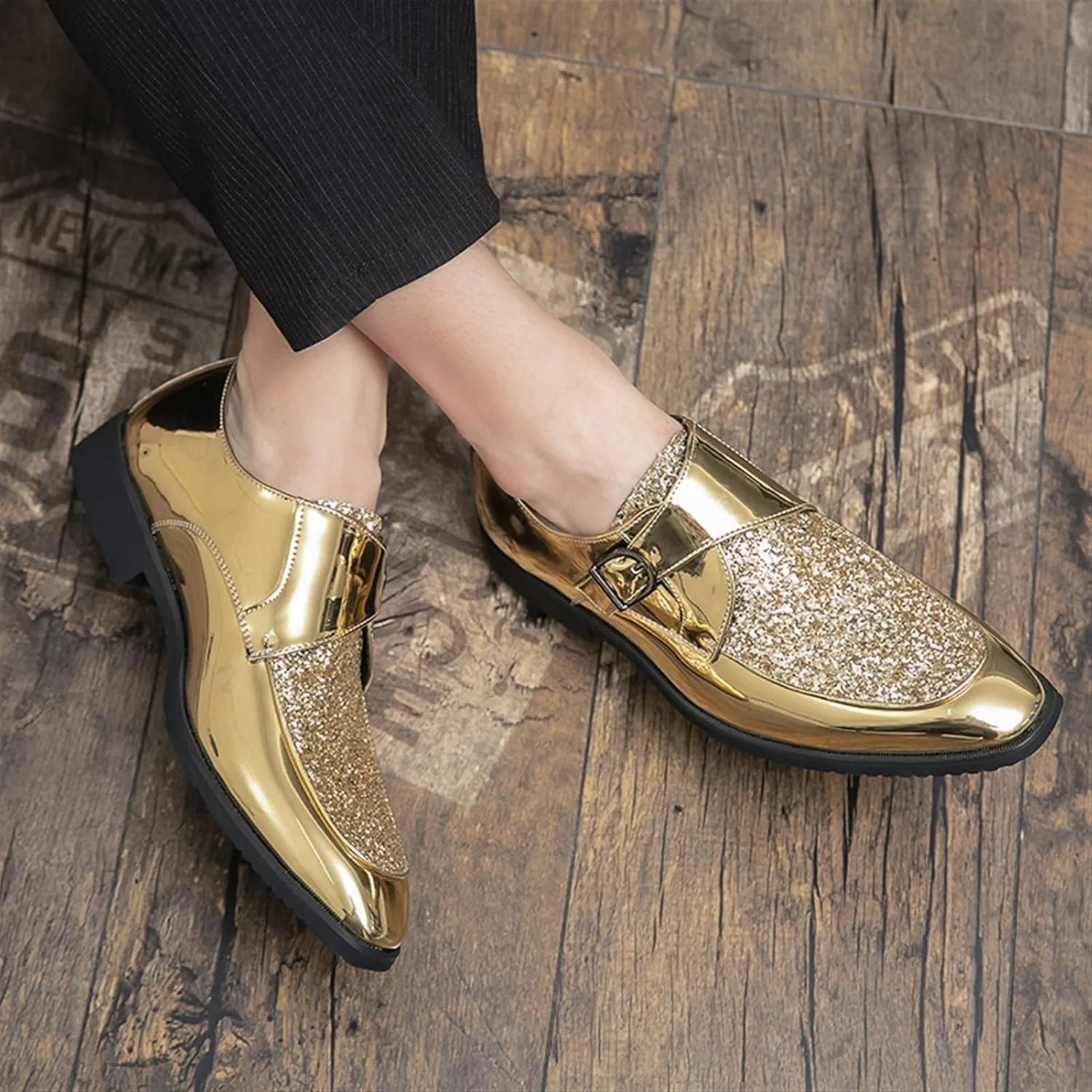 Formal Shoes for Men Slip On Monk Strap Apron Toe Shiny Shoes PU Leather Anti-Slip Rubber Sole Non Slip Block Heel Walking