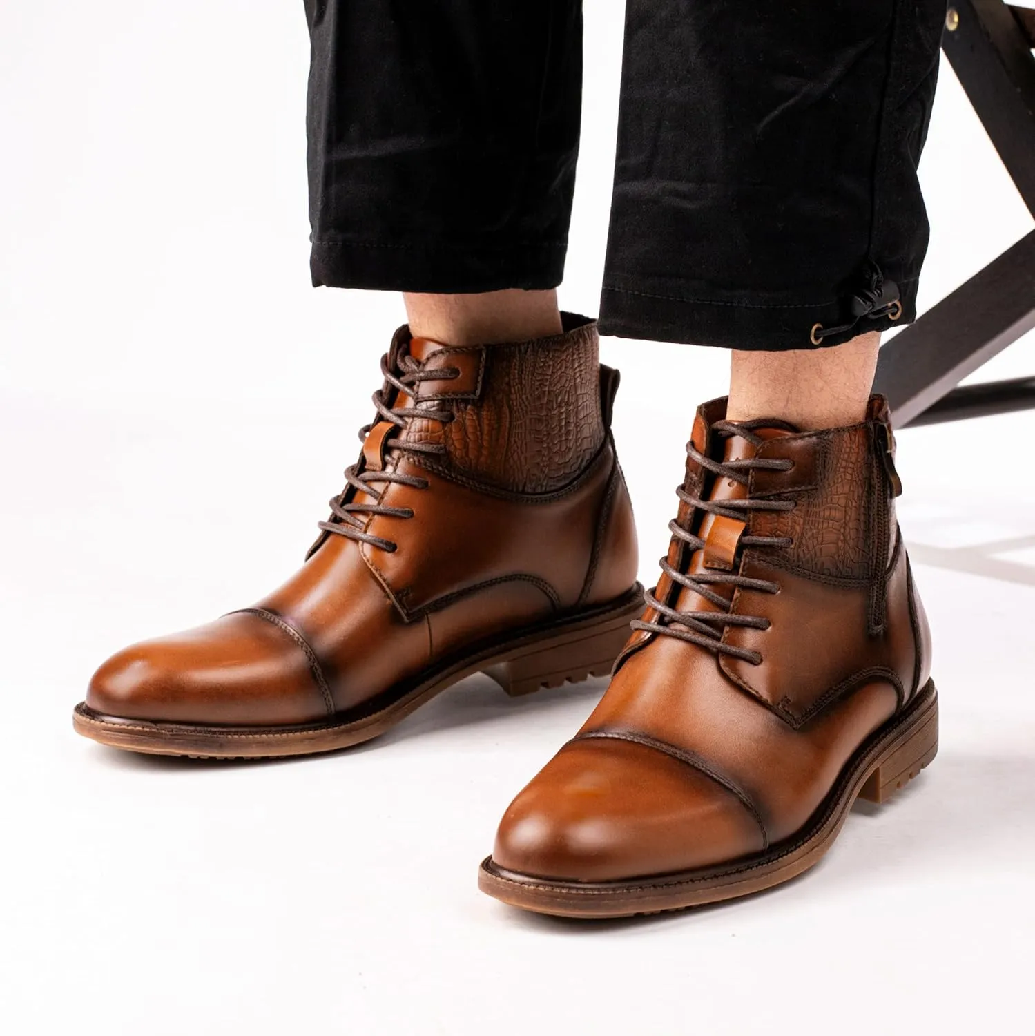 Holy dove Mens Oxford Leather Dress Boots Cap Toe Side Zip Fashion Mid Top Chukka Ankle Boots for Men