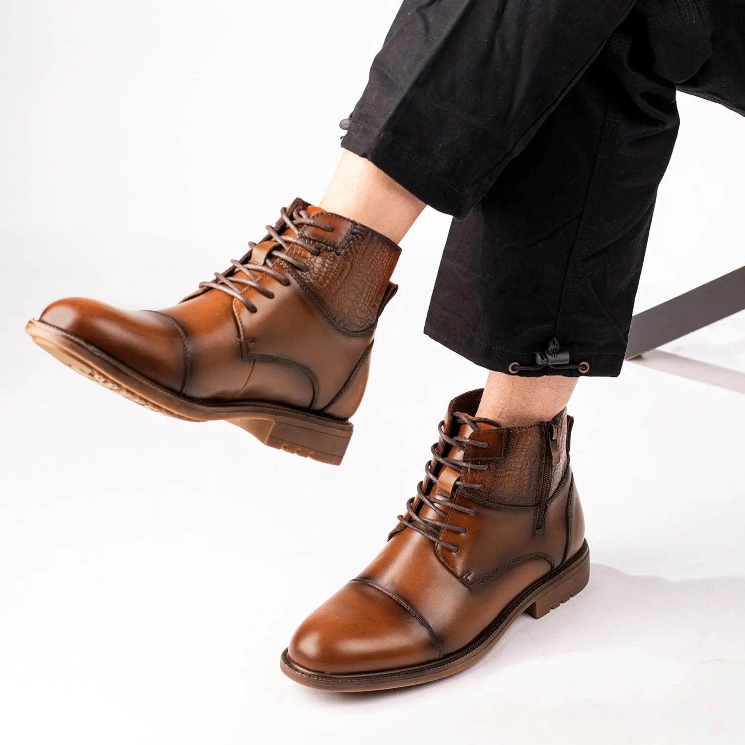 Holy dove Mens Oxford Leather Dress Boots Cap Toe Side Zip Fashion Mid Top Chukka Ankle Boots for Men