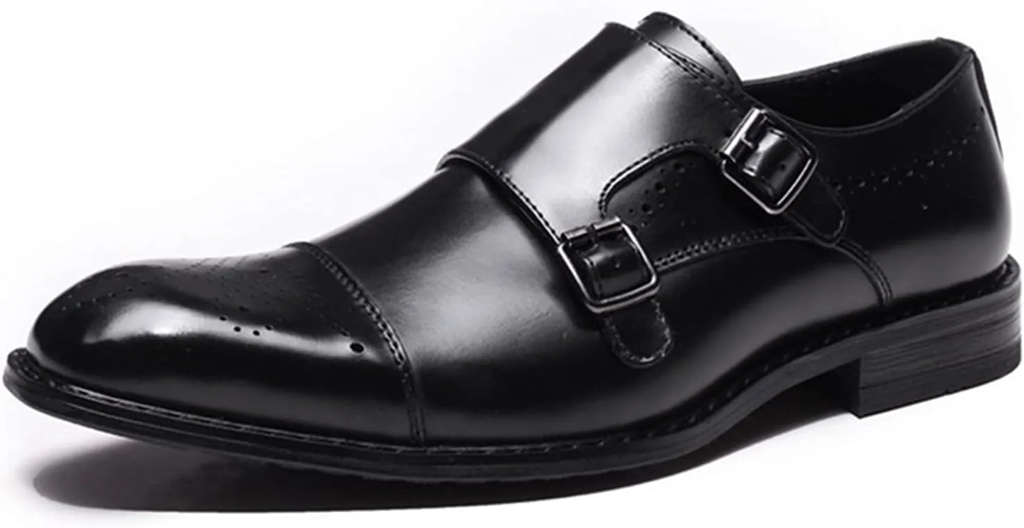 HOOENG Shoes Dress Oxford for Men Slip on Double Monk Strap Brogue Cap Toe Leather Low Top Anti-Slip Non Slip Outdoor