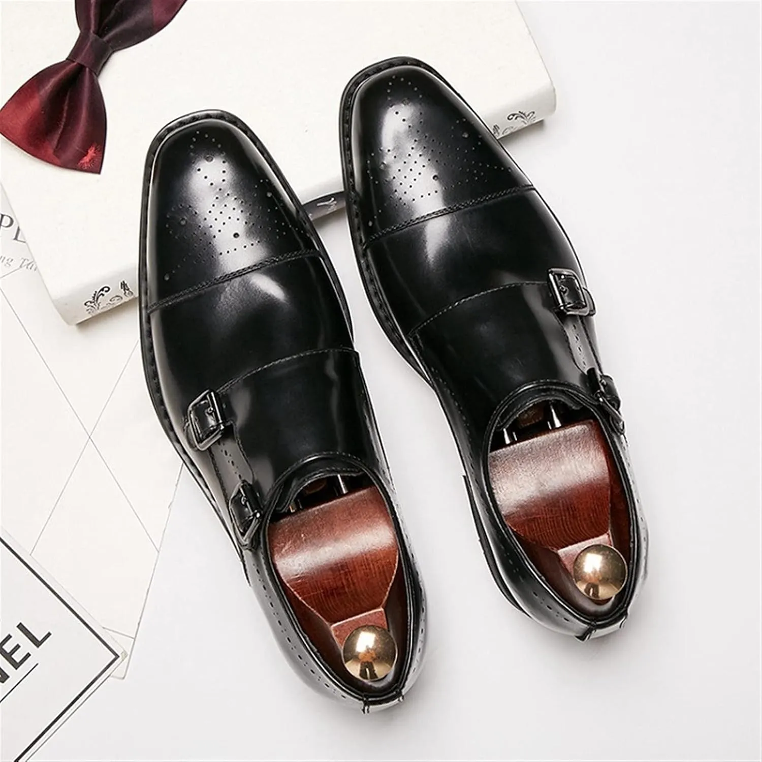 HOOENG Shoes Dress Oxford for Men Slip on Double Monk Strap Brogue Cap Toe Leather Low Top Anti-Slip Non Slip Outdoor