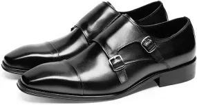 HOOENG Shoes Dress Oxford for Men Slip On Square Burnished Toe Double Monk Strap Cap Toe Genuine Leather Slip Resistant Low Top Rubber Sole Casual (Color : Black, Size : 8.5)
