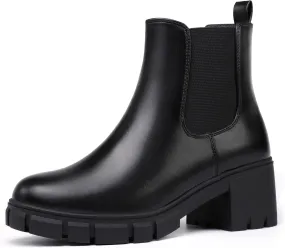 IDIFU IN2 Chelsea Boots Women Ankle Boots for Women Platform Low Chunky Block Heel Lug Sole Round Toe Fall Dress Boots for Women Comfortable Fashion Booties Cute Office Elastic Short Heeled Boots