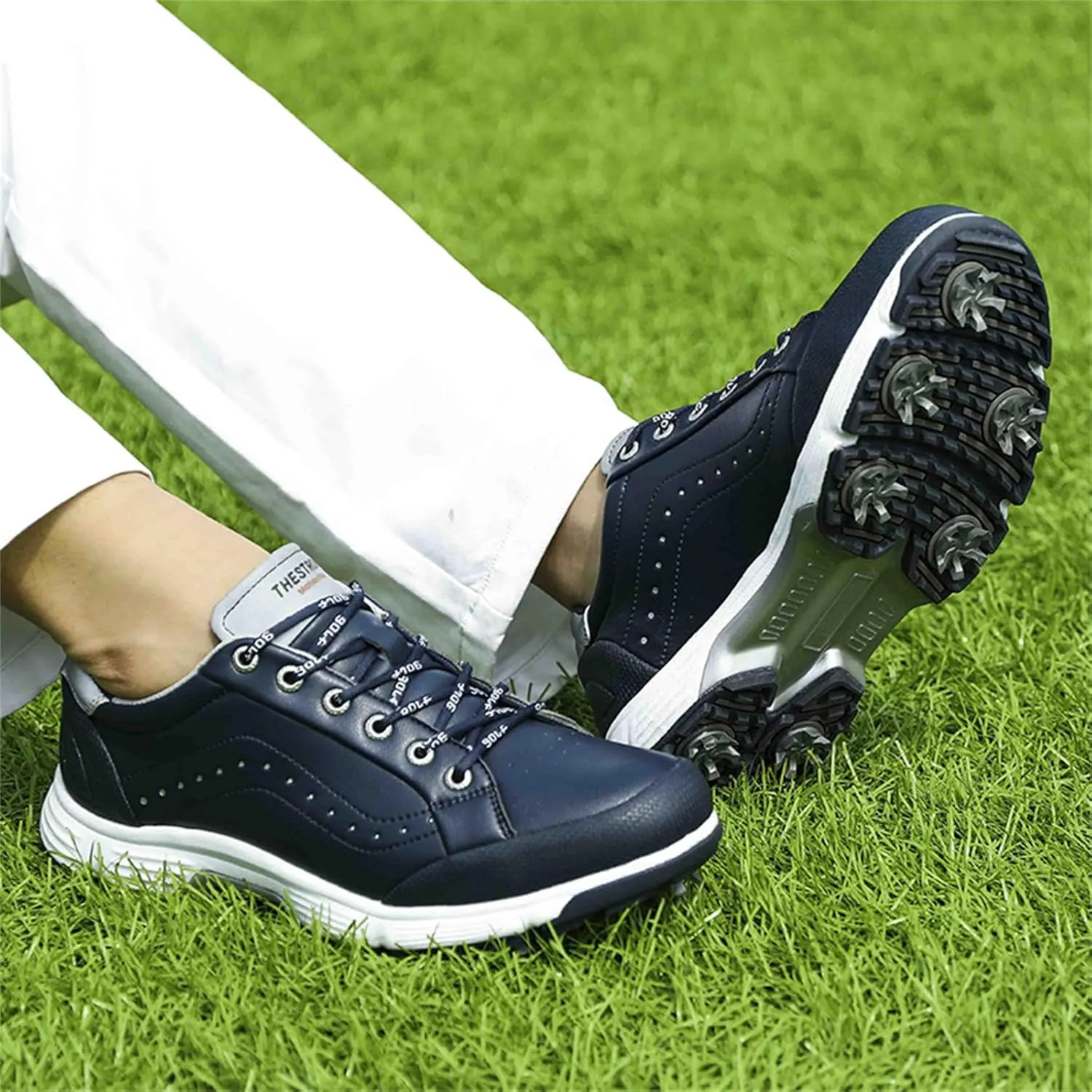 JiuQing Men's Golf Shoes Professional Spikes Leather Golfing Trainers Waterproof Anti-Slip