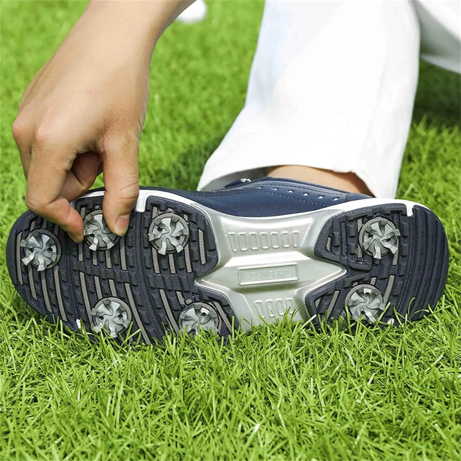 JiuQing Men's Golf Shoes Professional Spikes Leather Golfing Trainers Waterproof Anti-Slip