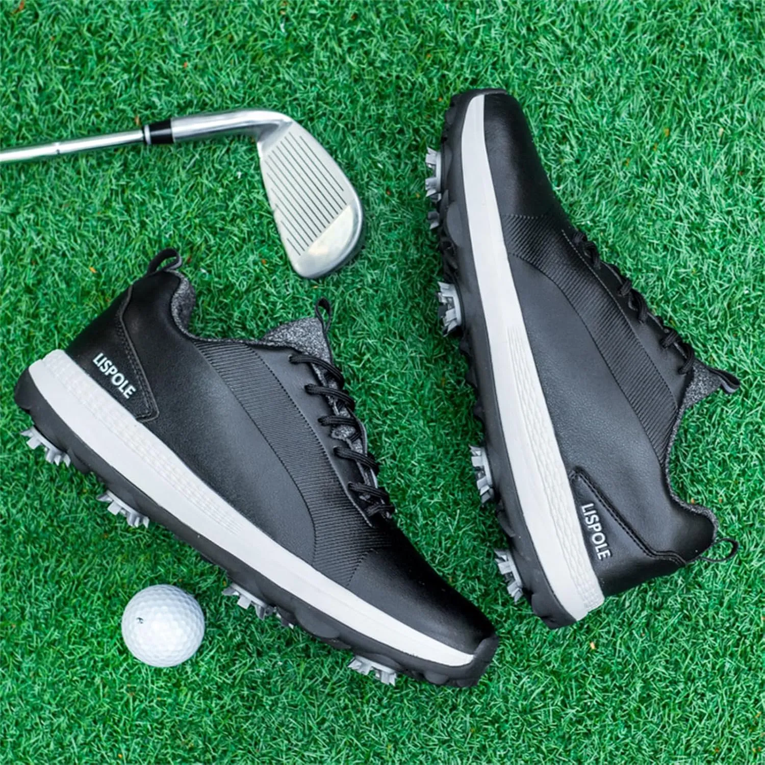 JiuQing Spikes Golf Shoes Men's Leather Professional Golfing Trainer Anti Slip Lightweight