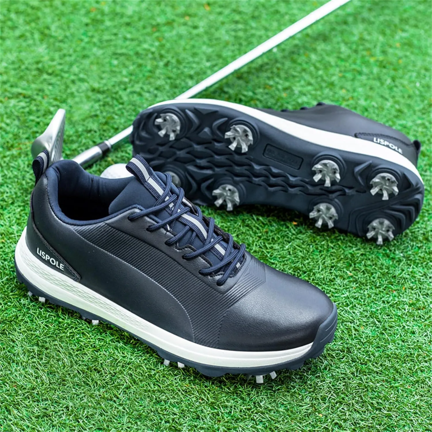 JiuQing Spikes Golf Shoes Men's Leather Professional Golfing Trainer Anti Slip Lightweight