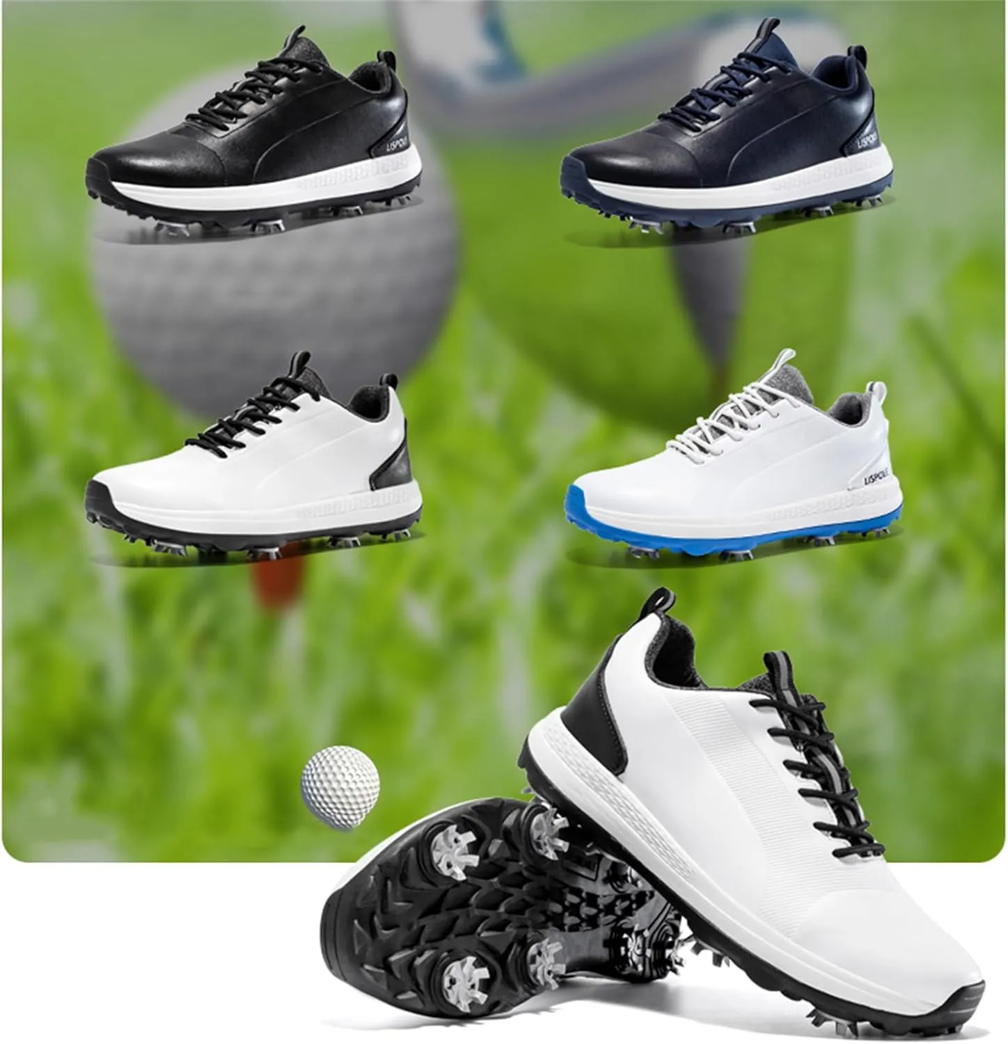 JiuQing Spikes Golf Shoes Men's Leather Professional Golfing Trainer Anti Slip Lightweight