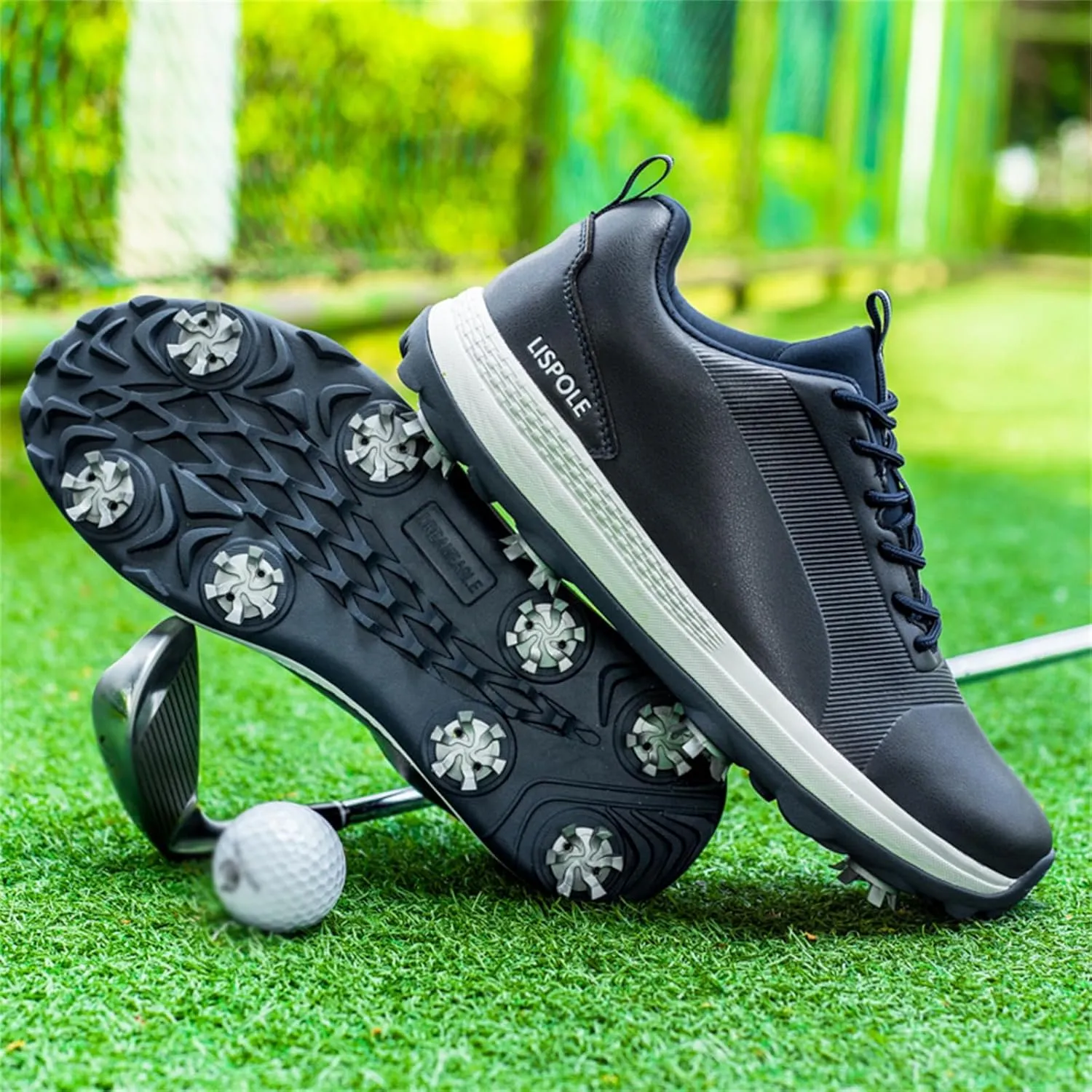 JiuQing Spikes Golf Shoes Men's Leather Professional Golfing Trainer Anti Slip Lightweight