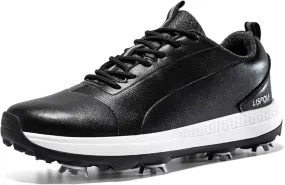 JiuQing Spikes Golf Shoes Men's Leather Professional Golfing Trainer Anti Slip Lightweight