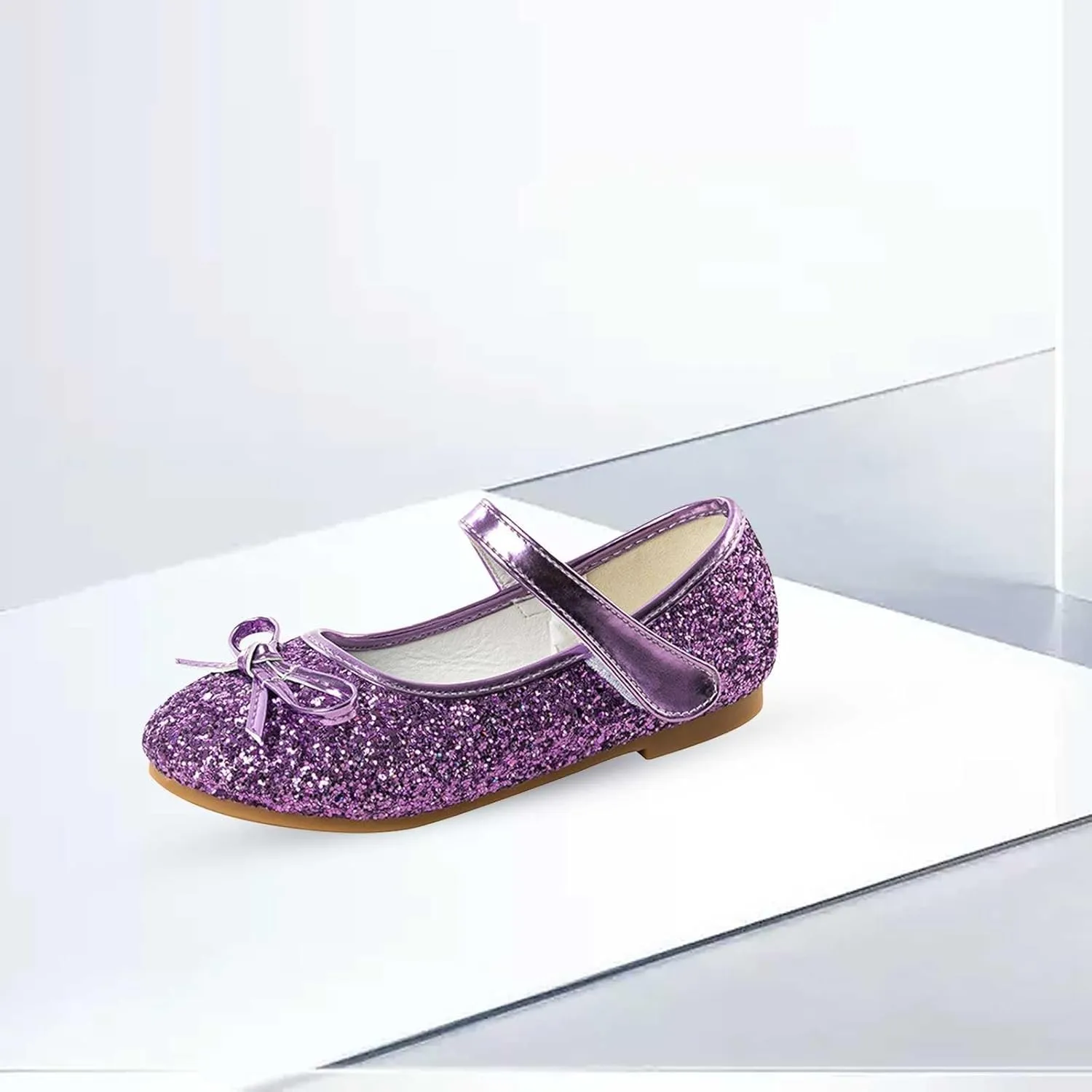 Kids Girls Sole Rubber Sequins Dance Shoes Ankle Low Heel Closed Toe Party Loafers with Strap Fancy Princess Shoes