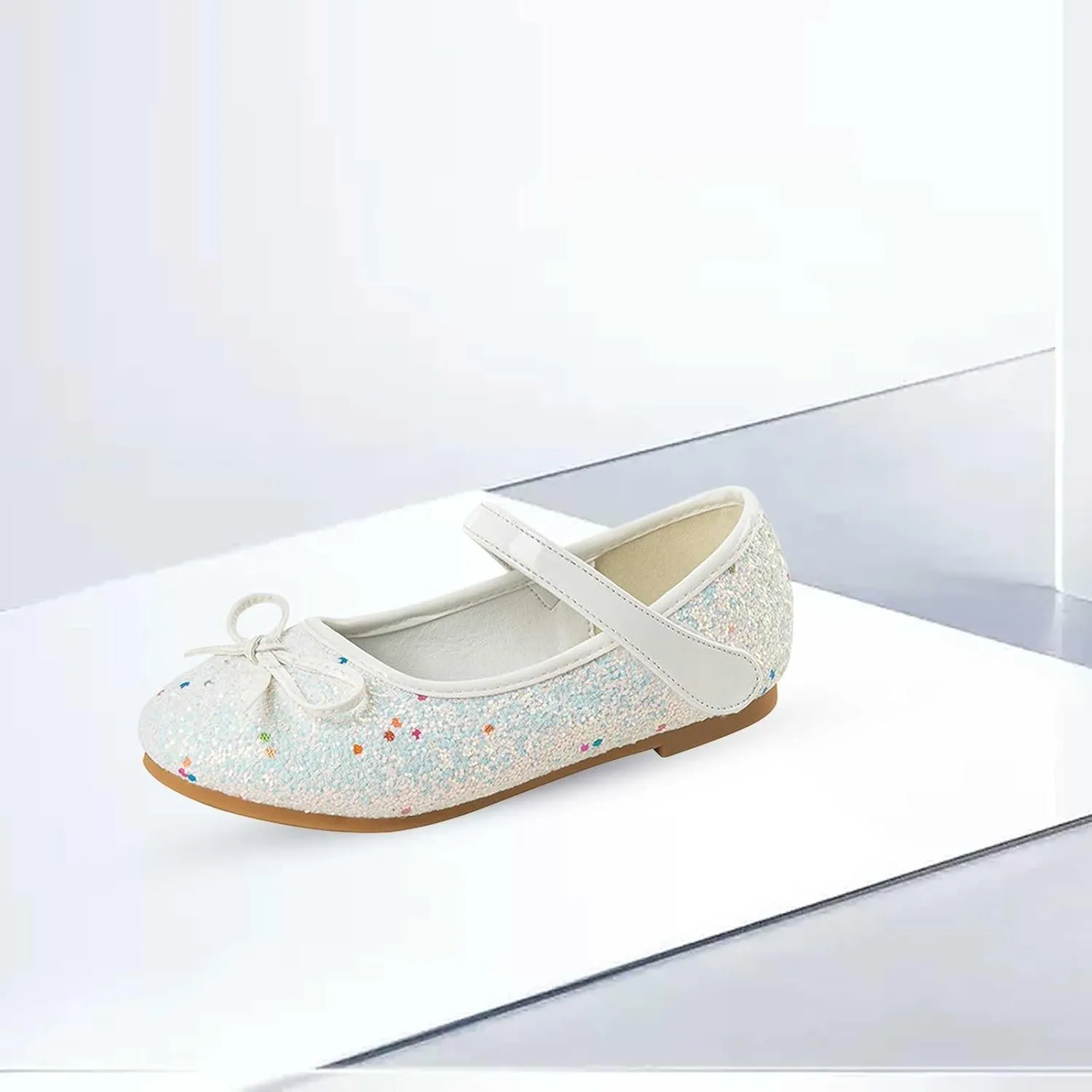 Kids Sparkly Mary Jane Shoes Bowknot Flat Toddler Girls Glitter Princess Dress Shoes Strap Rubber Soles Wedding