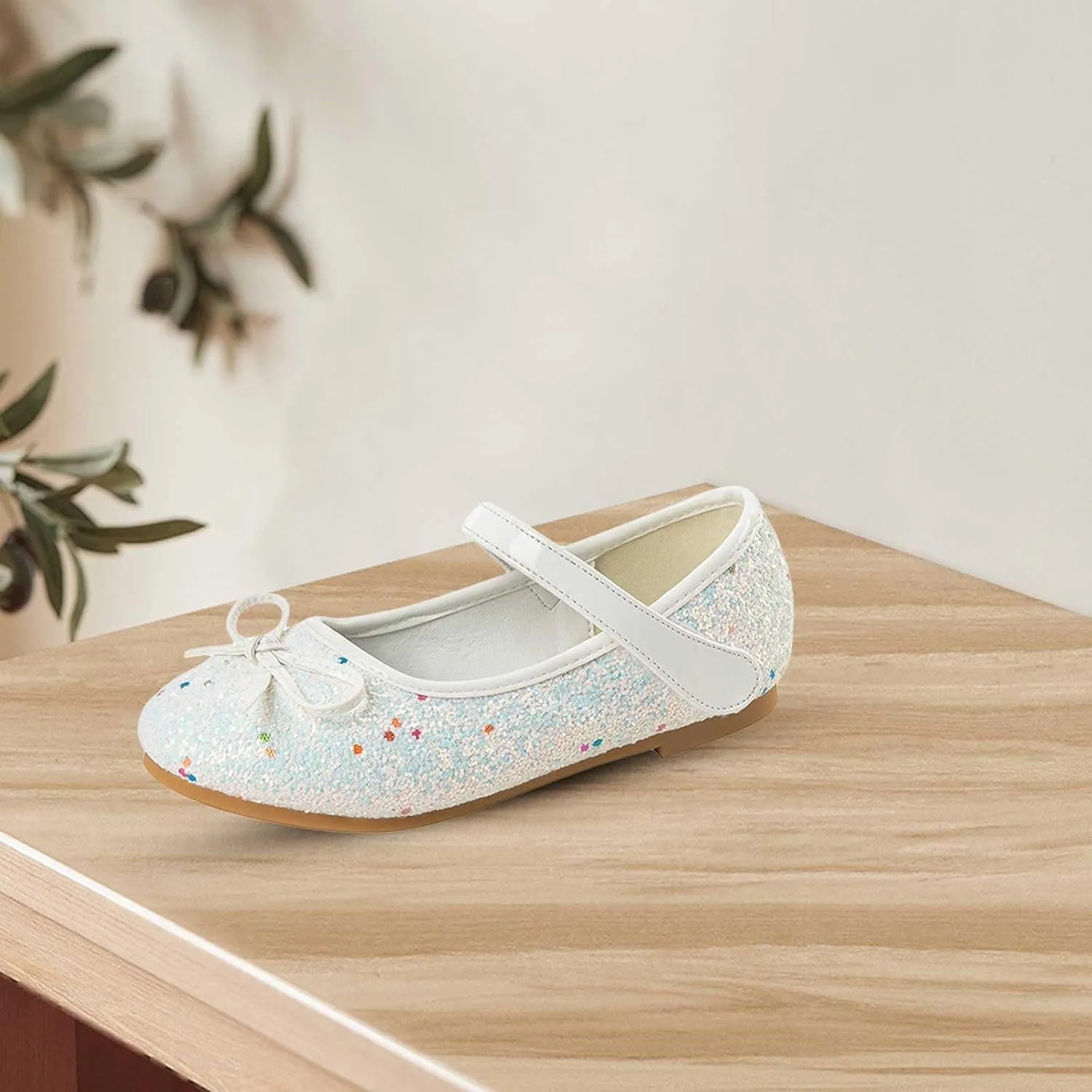 Kids Sparkly Mary Jane Shoes Bowknot Flat Toddler Girls Glitter Princess Dress Shoes Strap Rubber Soles Wedding