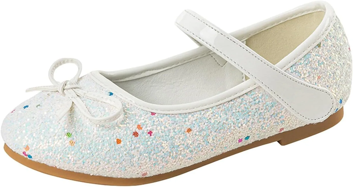 Kids Sparkly Mary Jane Shoes Bowknot Flat Toddler Girls Glitter Princess Dress Shoes Strap Rubber Soles Wedding