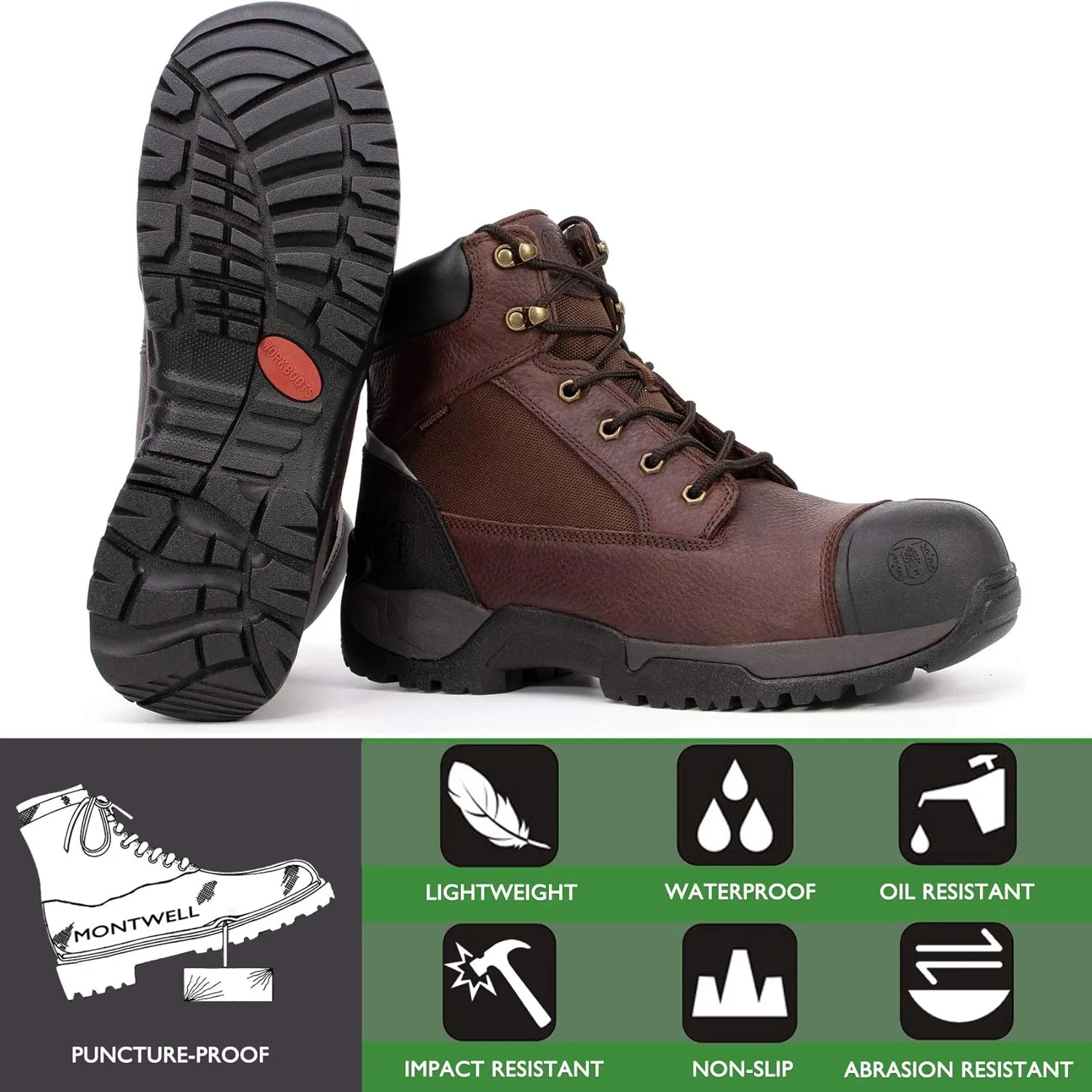 Mens work boots, 6" Composite Toe Waterproof Lightweight Work Boots for Men, Slip & Puncture Resistant Safety EH Wide Working Shoes