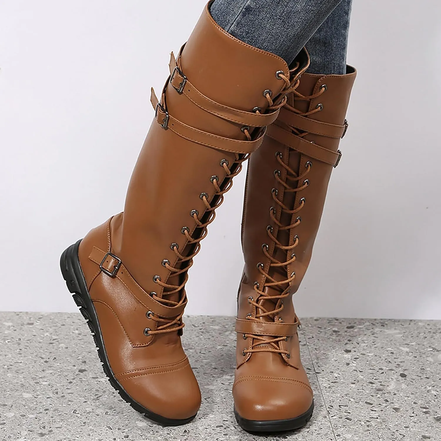 SBGMoSJ Mid Calf Boots Women Chunky Brown Knee High Boots Flat Heel Womens Cowboy Boots Wide Calf Wide Width Tall Brown Leather Boots Women Wide Calf Womens Suede Boots Knee High Slouch