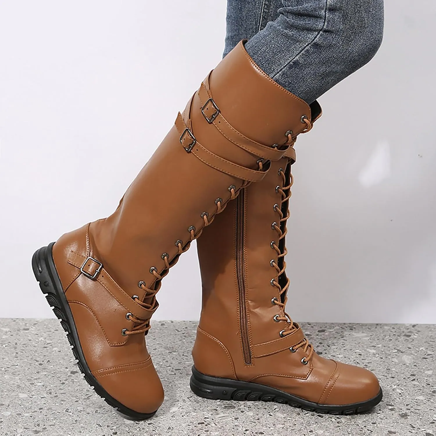 SBGMoSJ Mid Calf Boots Women Chunky Brown Knee High Boots Flat Heel Womens Cowboy Boots Wide Calf Wide Width Tall Brown Leather Boots Women Wide Calf Womens Suede Boots Knee High Slouch