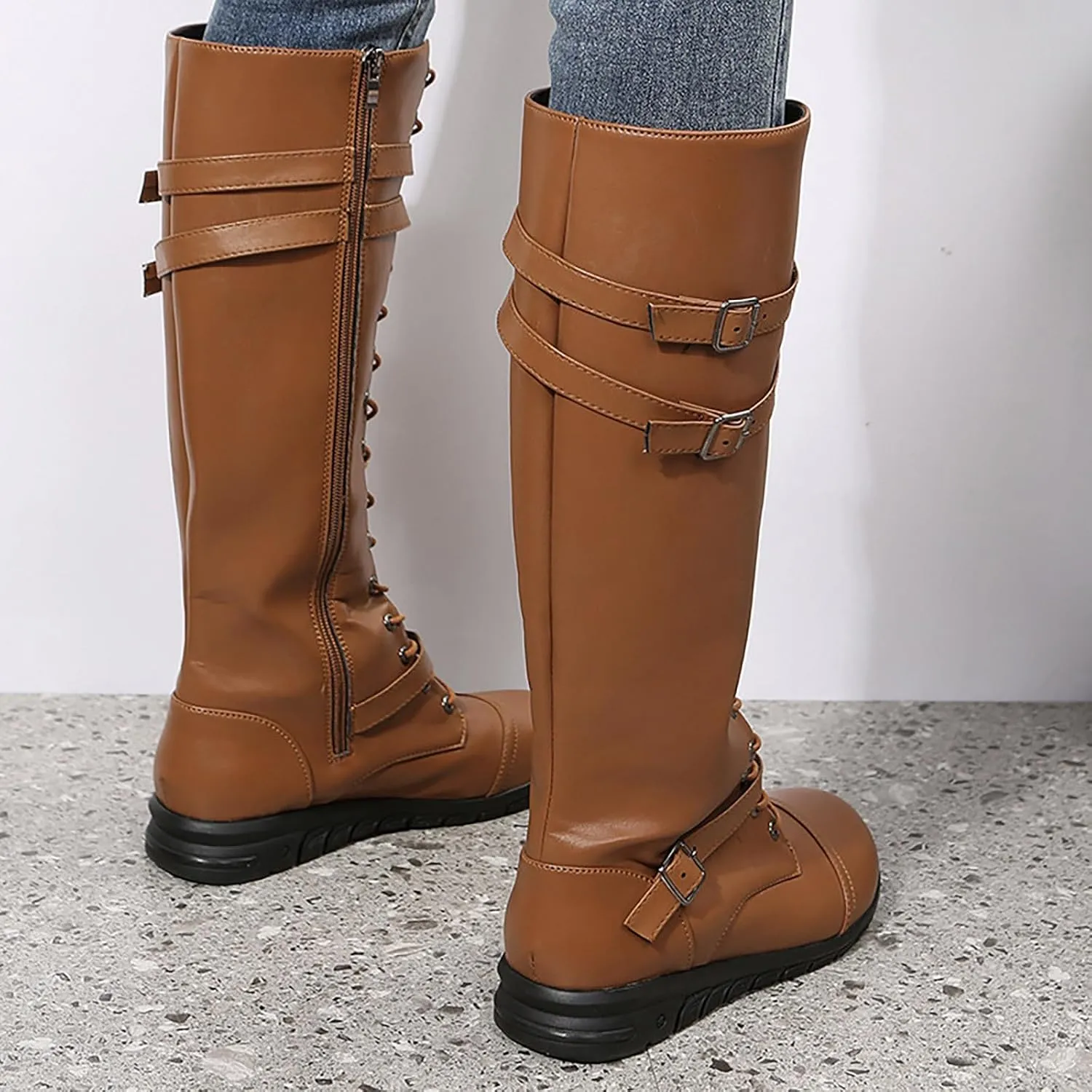 SBGMoSJ Mid Calf Boots Women Chunky Brown Knee High Boots Flat Heel Womens Cowboy Boots Wide Calf Wide Width Tall Brown Leather Boots Women Wide Calf Womens Suede Boots Knee High Slouch