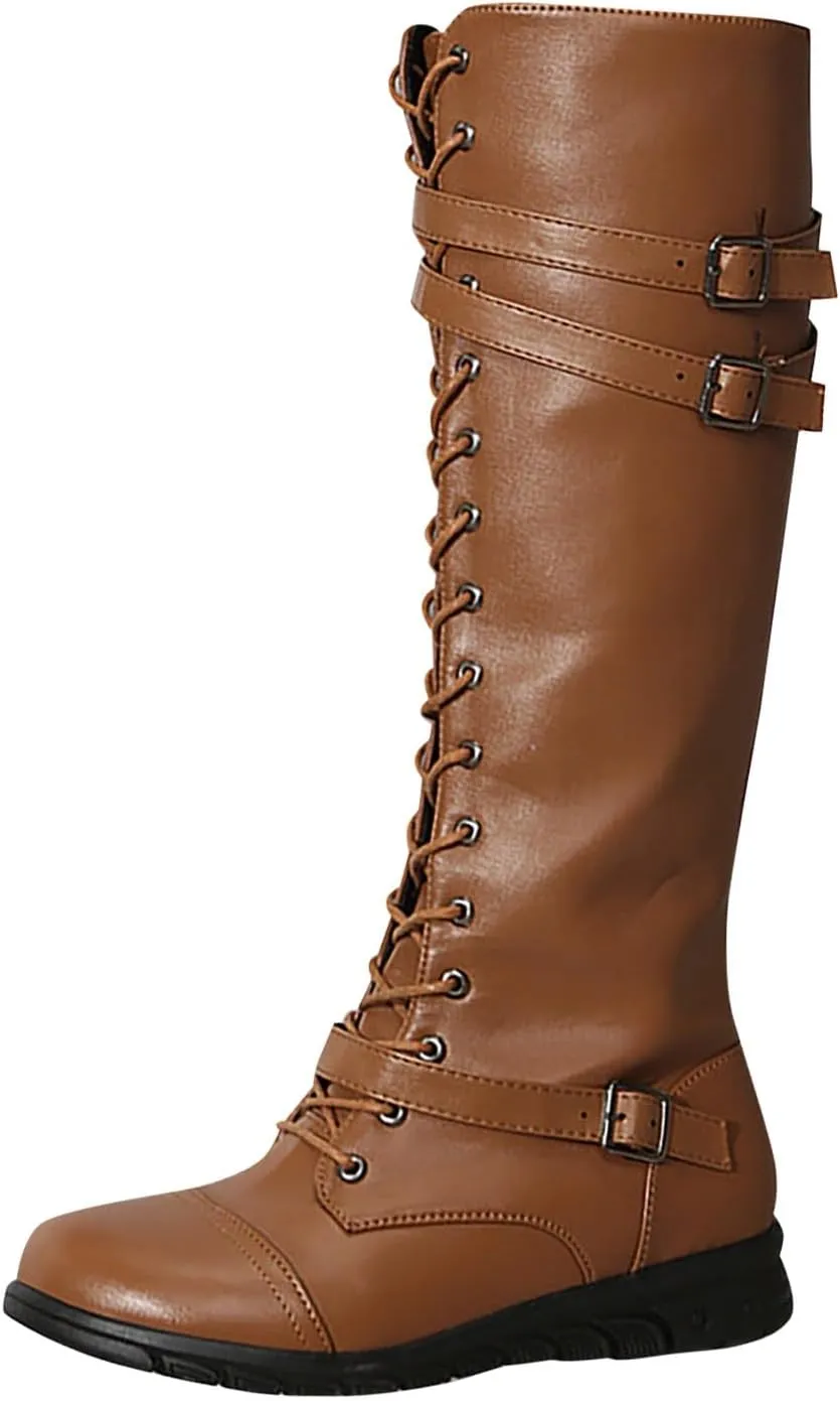 SBGMoSJ Mid Calf Boots Women Chunky Brown Knee High Boots Flat Heel Womens Cowboy Boots Wide Calf Wide Width Tall Brown Leather Boots Women Wide Calf Womens Suede Boots Knee High Slouch