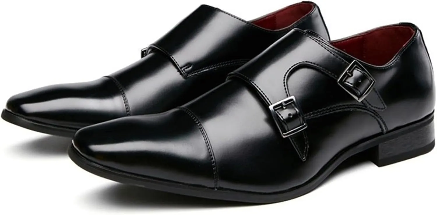 Single Season Dress Oxford for Men Slip On Double Monk Strap Cap Toe Square Toe Leather Block Heel Rubber Sole Slip Resistant Anti-Slip Working Very Popular Among Young People (Color : B Black