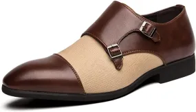 Single Season Oxford Dress Shoes for Men Slip On Double Monk Strap Two Tone Cap Toe PU Leather Low Top Block Heel Non Slip Anti-Slip Casual Very Popular Among Young People (Color : Brown