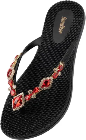 Swalker Woman's Sandal Flip Flop With Rhinestone in Recyclable Rubber Sole, Crystal Thong