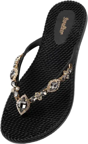 Swalker Woman's Sandal Flip Flop With Rhinestone in Recyclable Rubber Sole, Crystal Thong
