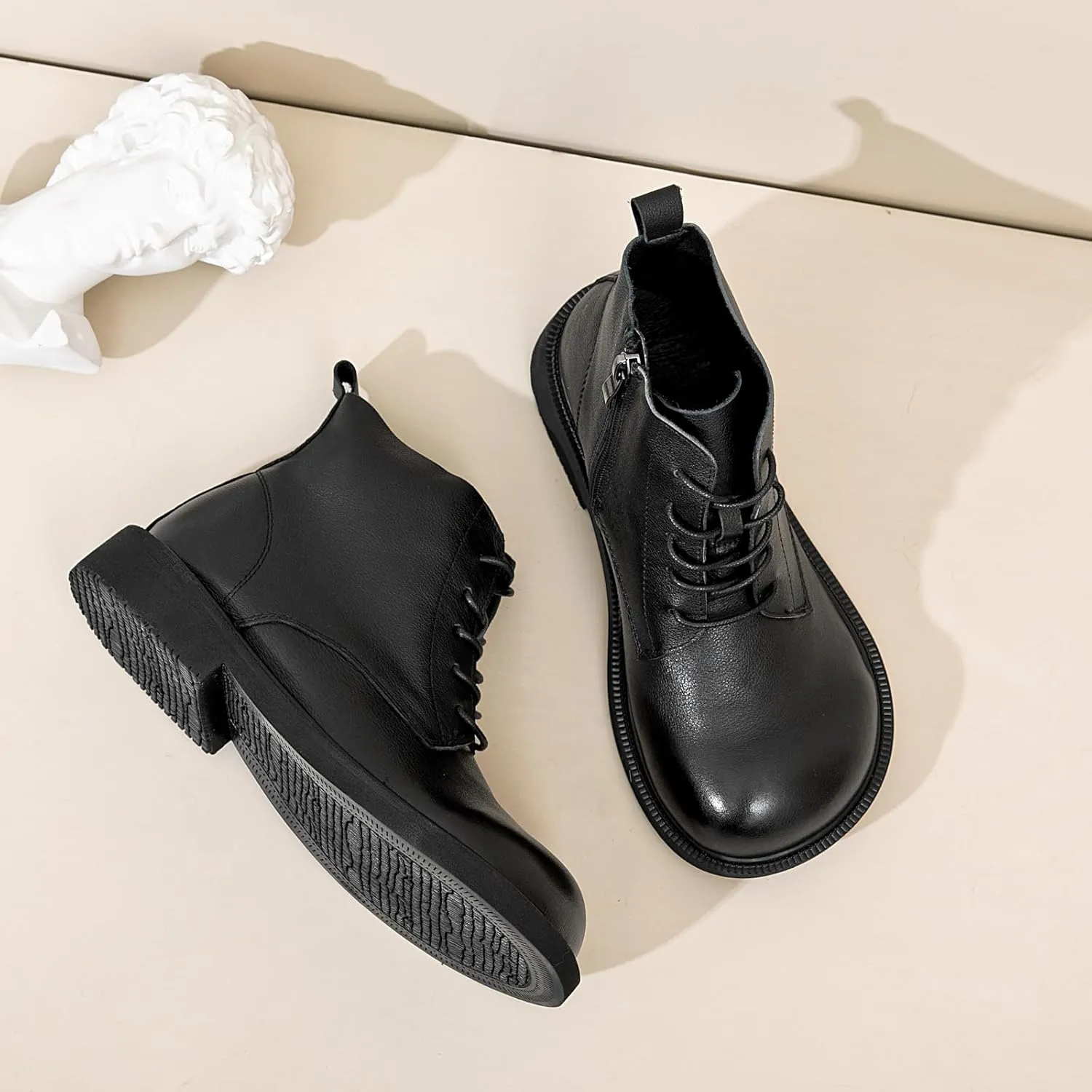 Women Genuine Leather Combat Boots Round Toe Lace-Up Flat Winter Boots Comfy Short Ankle Boots with side zipper