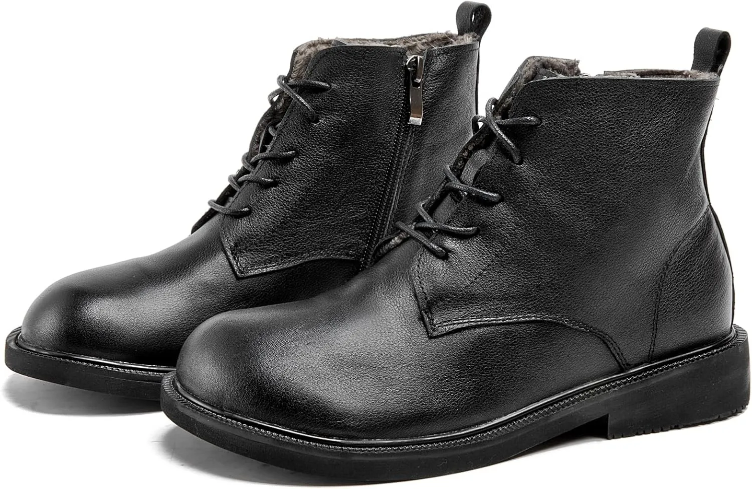 Women Genuine Leather Combat Boots Round Toe Lace-Up Flat Winter Boots Comfy Short Ankle Boots with side zipper