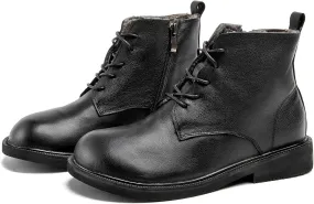 Women Genuine Leather Combat Boots Round Toe Lace-Up Flat Winter Boots Comfy Short Ankle Boots with side zipper