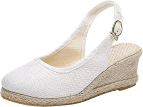 Women's Closed Toe Slingback Sandals Linen Solid Hook and Eye Shoe Rubber Sole Wedge High Heel Summer Breathe Sandal