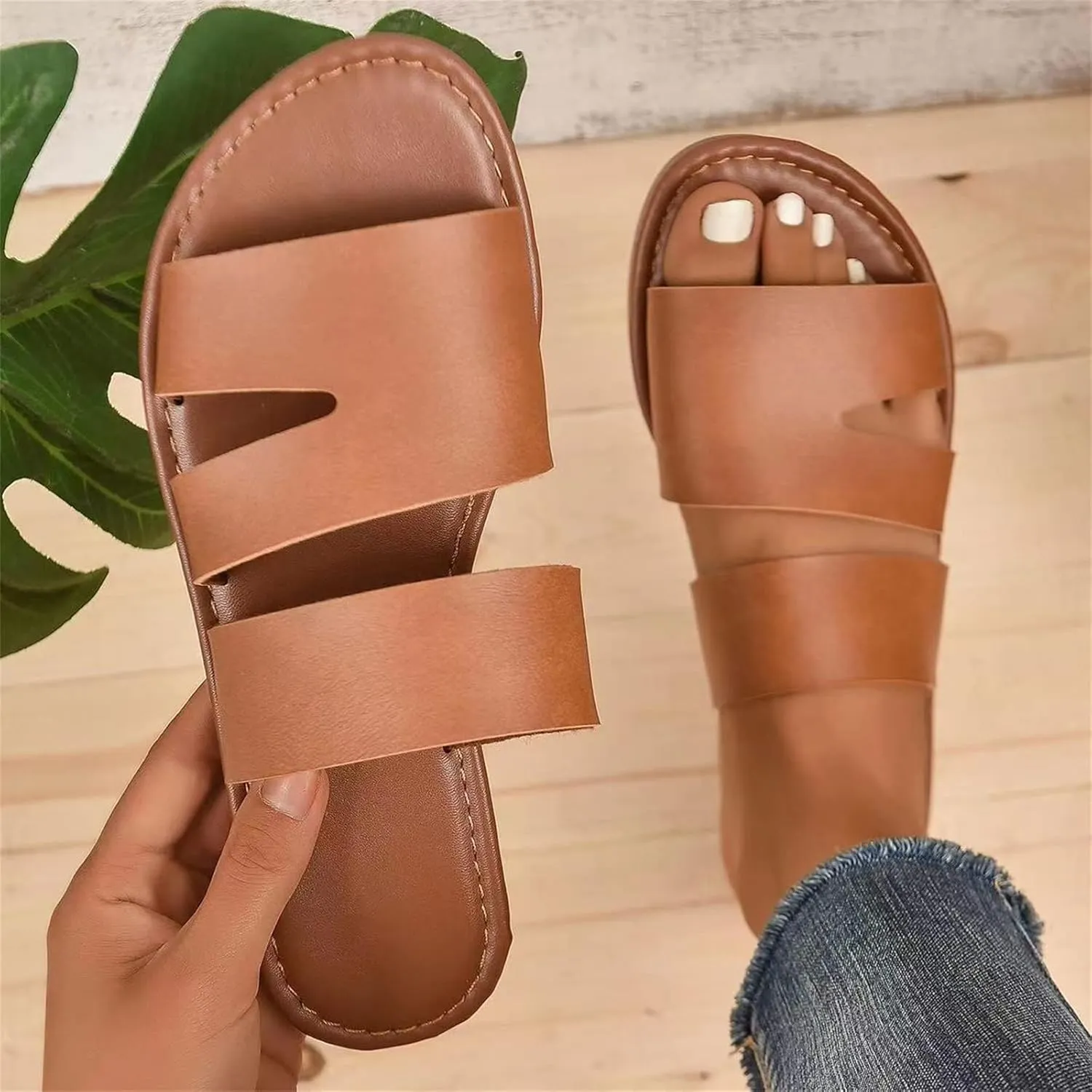 Womens Slippers Travel Tan Hollow Slippers Comfortable Dressy Flat Sandals Slip on Leather Slide Sandals
