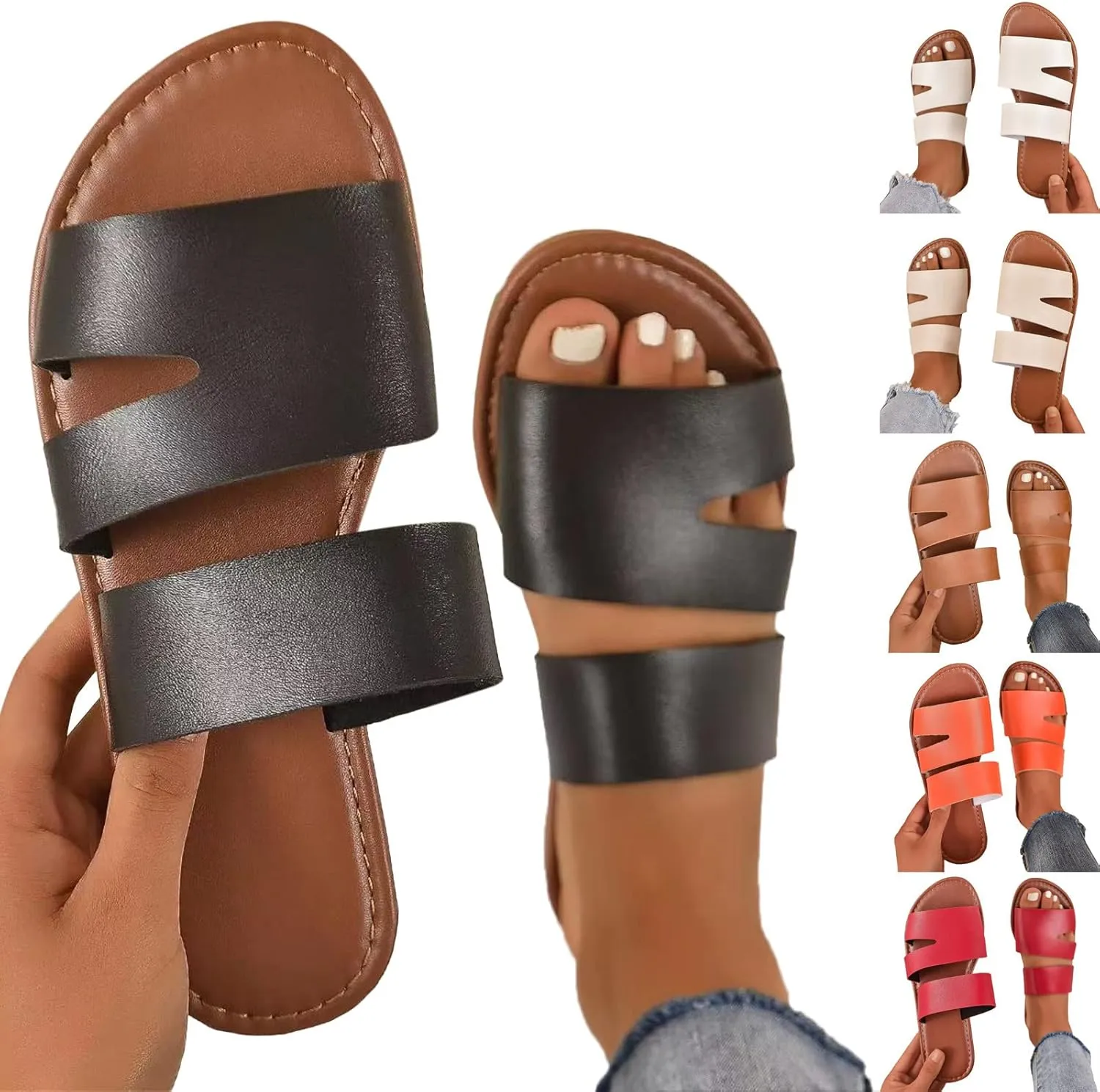 Womens Slippers Travel Tan Hollow Slippers Comfortable Dressy Flat Sandals Slip on Leather Slide Sandals