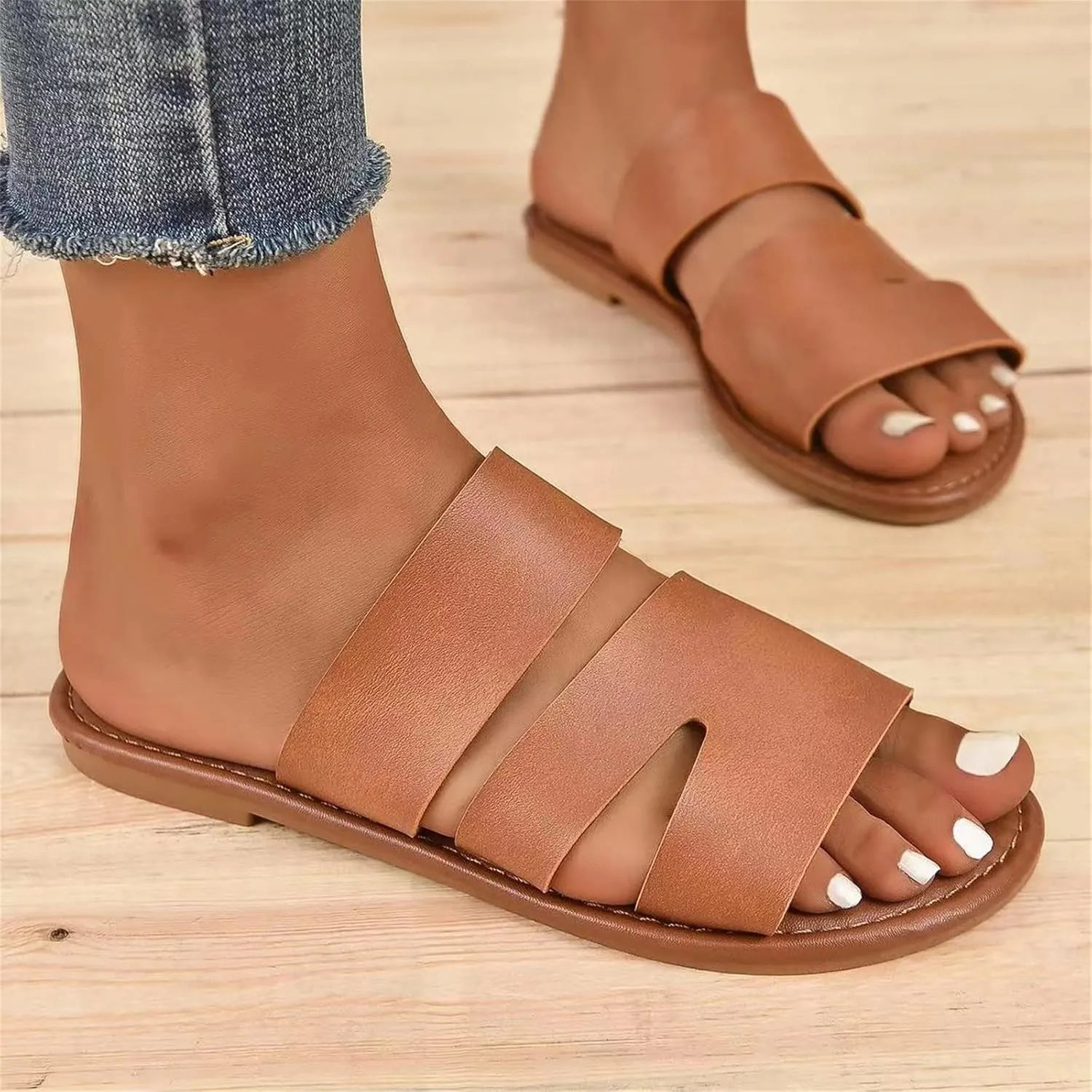Womens Slippers Travel Tan Hollow Slippers Comfortable Dressy Flat Sandals Slip on Leather Slide Sandals