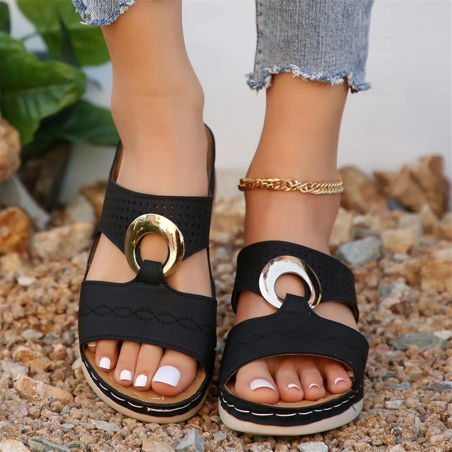 Women's Wedge Sandals Summer Leather Flat Hollow Out Slip On Open Toe Arch Support Platform Sandal Shoes