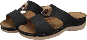 Women's Wedge Sandals Summer Leather Flat Hollow Out Slip On Open Toe Arch Support Platform Sandal Shoes