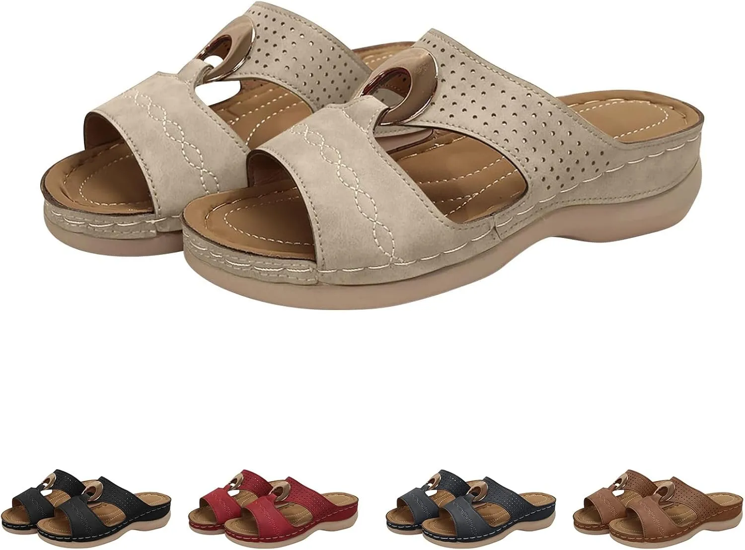 Women's Wedge Sandals Summer Leather Flat Hollow Out Slip On Open Toe Arch Support Platform Sandal Shoes
