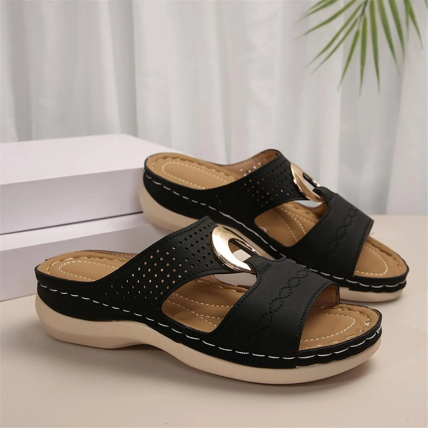 Women's Wedge Sandals Summer Leather Flat Hollow Out Slip On Open Toe Arch Support Platform Sandal Shoes