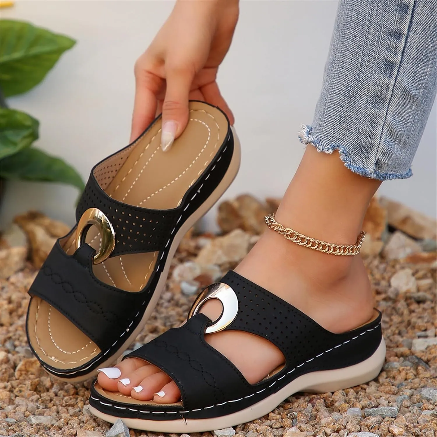Women's Wedge Sandals Summer Leather Flat Hollow Out Slip On Open Toe Arch Support Platform Sandal Shoes