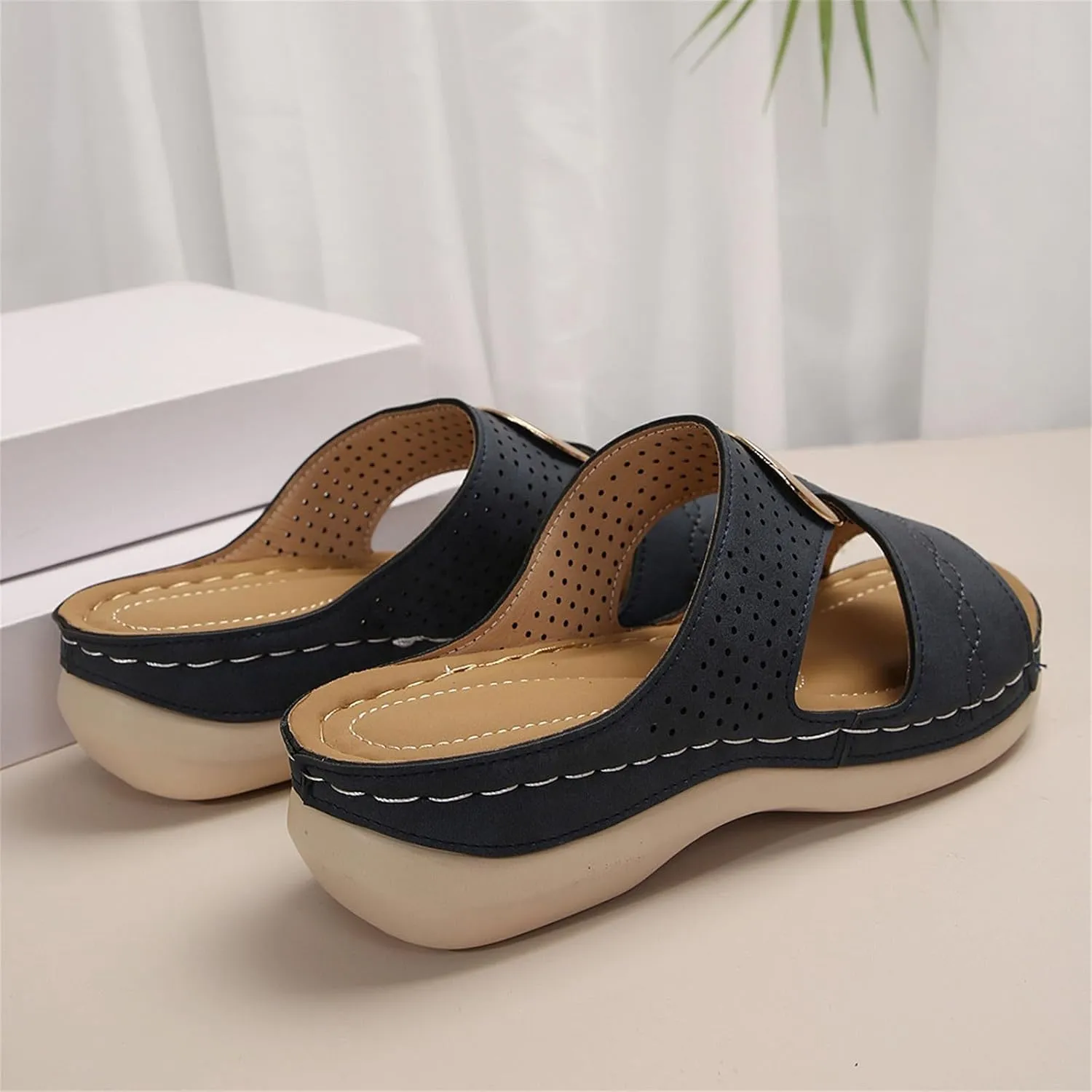 Women's Wedge Sandals Summer Leather Flat Hollow Out Slip On Open Toe Arch Support Platform Sandal Shoes