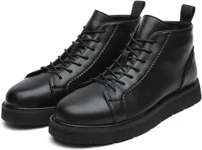 Zeberfi Men's Platform Black Leather Fleece-Lined Chukka Boots Fashion Winter Warm Lace Up Round Toe High Top Casual Sneakers Comfort Waterproof Non-slip Formal Business Work Ankle Boots